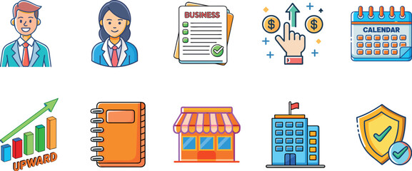 Business and office colorful cartoon icons pack  &ndash; doodle flat vector set on white background