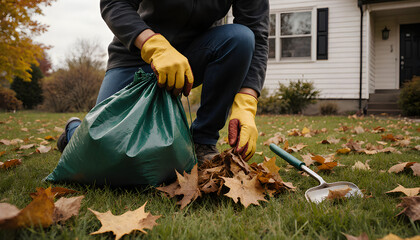 Person cleaning fallen leaves in autumn garden concept of Fall lawn  