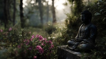 A tranquil Buddha statue sits meditating in a peaceful forest garden bathed in soft morning light
