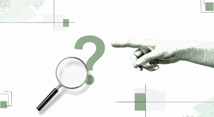 Discovering solutions through careful analysis with a magnifying glass and pointing hand against a clean, modern backdrop