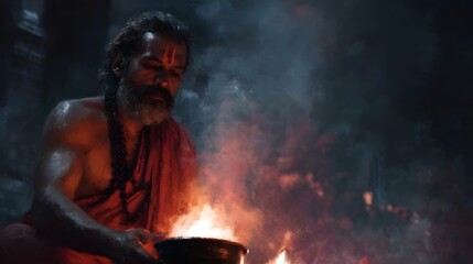 A man appearing as a Hindu priest performs a sacred fire ritual bathed in the glow of flames and smoke