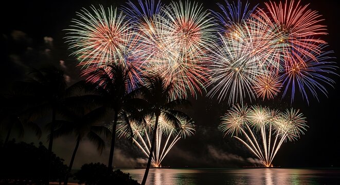 Vibrant fireworks bursts illuminate a dark night sky over a tropical beach, with palm trees silhouetted against the colorful explosions. - Powered by Adobe
