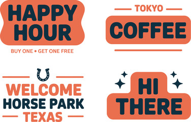 Collection of vibrant, retro-style graphic badges and labels with catchy phrases