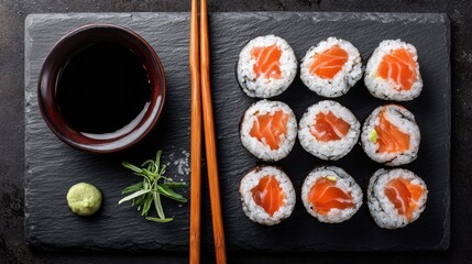 Fresh salmon sushi rolls with soy sauce and wasabi on slate plate