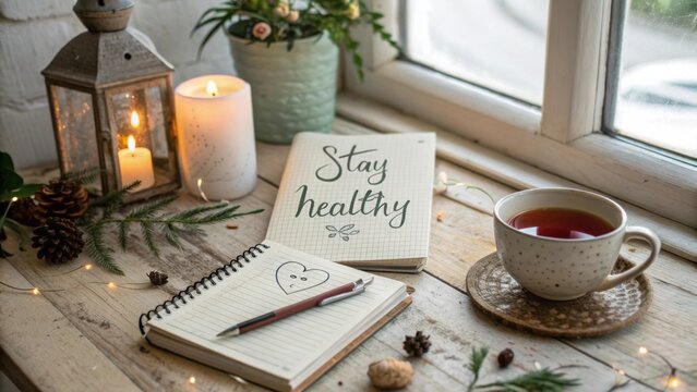 Cozy workspace scene with healthy lifestyle focus featuring tea, plants, and inspirational notebook on wooden table