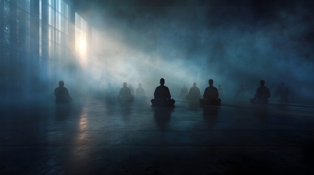 A group of people sit in silent meditation bathed in ethereal light rays amidst swirling mist in a tranquil darkened space