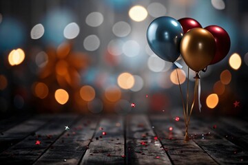 Stunning balloons floating above a rustic wooden floor with scattered star confetti and bokeh lights, perfect for a vibrant party or festive celebration invitation, capturing joy