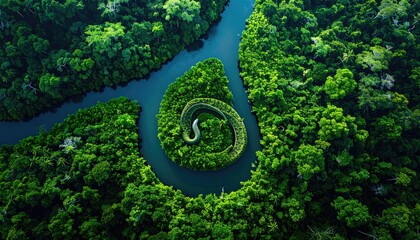 Aerial View of Lush Green Mangrove Forest with Winding River