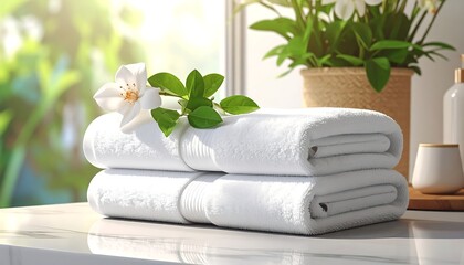 Fresh white towels, flower, plant. Relaxing spa scene