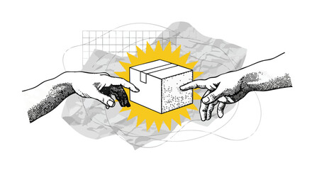 Symbolic hands reaching for a radiant package, representing delivery, creation, or new beginnings in modern graphic art style