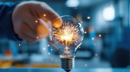 Sparks fly around a bulb as electric current energizes a bright idea in motion