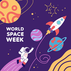 Celebrate World Space Week with a Vibrant Astronaut Adventure Featuring Planets, Stars, and a Rocket for Educational Fun and Out-of-this-World Exploration