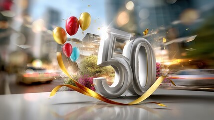 Celebrating 50 years, balloons, ribbon, and city lights adorn anniversary