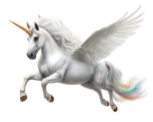 Majestic white flying unicorn, magical creature and pegasus with beautiful wing and rainbow tail. fantasy animal expressing power, grace and freedom in flight