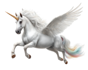 Majestic white flying unicorn, magical creature and pegasus with beautiful wing and rainbow tail. fantasy animal expressing power, grace and freedom in flight