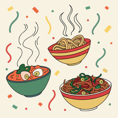 Colorful noodle bowls offer a delicious, comforting meal, perfect for food blogs, restaurant menus, or cooking guides, a versatile culinary design