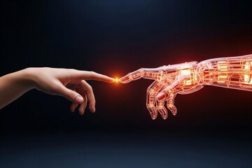 Humanity meets AI in this stunning display of technology and innovation, a symbol of connection and the future with a vibrant glowing robot hand touching a human hand