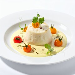 Elegant appetizer presentation featuring smooth mousse and colorful tomato garnish on white background