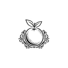 Elegant black and white illustration of an orange fruit with leaves, framed by ornate decorative swirls.