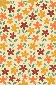 Seamless floral pattern with yellow, orange, and brown flowers and green leaves on beige background, perfect for fabric, wallpaper, wrapping, and decorative design.