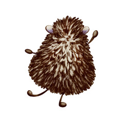 Adorable hedgehog stands on one leg with its back turned,reaching upward with a tiny paw.Hand-drawn character illustration in watercolor and colored pencils,executed in a childlike cartoon style