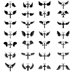 Naklejka premium Halo and cross with wings icon vector set. Angel wings illustration sign collection. Deceased symbol or logo. Halo mark.
