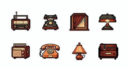 Charming pixel art collection of nostalgic vintage household items, including classic radios, rotary telephones, and elegant lamps, ideal for retro digital designs.