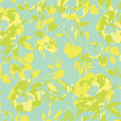 Big flower,Seamless watercolor floral pattern, flowers elements, green leaves branches on dark black background; for wrappers, wallpapers, postcards, greeting 