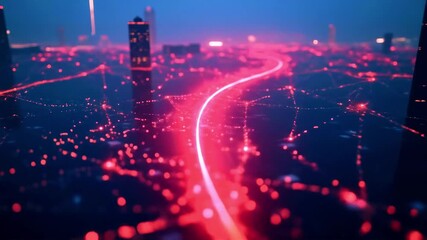A vibrant cityscape at night showcasing a network of glowing red lights and futuristic skyscrapers - Powered by Adobe