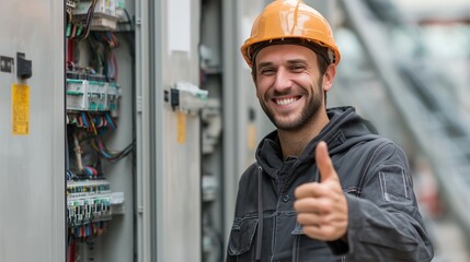 Smiling Electrical Engineer Giving Thumbs Up Next to Industrial Control Panel
