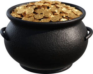 Black pot overflowing with gold coins