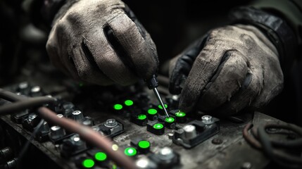 Gloved Hands Working on High-Tech Circuit Board with Green Lights