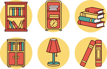 Collection of Illustrated Bookshelves, Books, and a Lamp on Yellow Circles vector Illustration
