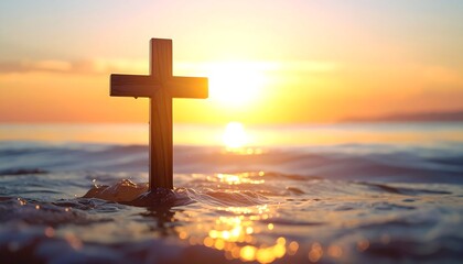 Wooden cross in sunset ocean waves