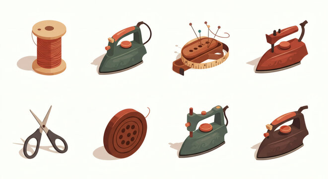 Artistic Illustration of Classic Garment Care and Crafting Supplies, Evoking a Sense of Nostalgia and Handmade Quality