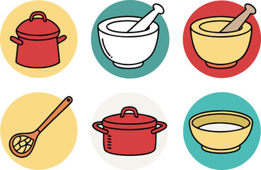 Collection of Kitchen Utensils and Cooking Pots in Circular Icons vector Illustration