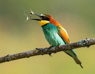 Colorful bird perched on a branch, holding prey