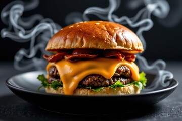 A cinematic close up of a luxury wagyu burger resting on a matte black ceramic plate