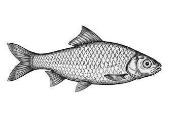 Obraz premium Black and white illustration of a fish with scales, fins, and a tail, side view.