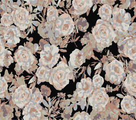Big flower,Seamless watercolor floral pattern, flowers elements, green leaves branches on dark black background; for wrappers, wallpapers, postcards, greeting 