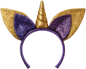 Fun unicorn headband fashion accessory with magical gold glitter horn and purple ear. This whimsical party costume element for fantasy celebration feels joyous and playful