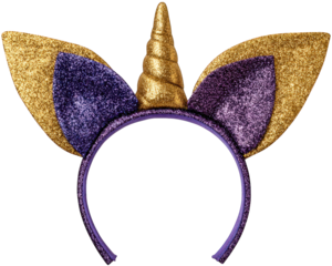 Fun unicorn headband fashion accessory with magical gold glitter horn and purple ear. This whimsical party costume element for fantasy celebration feels joyous and playful