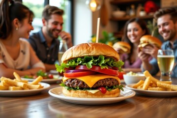 A warm advertising style shot of a family gathered at the dinner table, everyone holding burgers and smiling