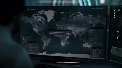 Scanner system connecting to the satellite to examine the world map for a target. Accessing the satellite network to scan the earth for a target. Satellite scanner finding the target in Asia. - Powered by Adobe