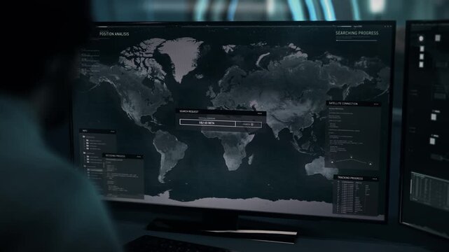 Scanner system connecting to the satellite to examine the world map for a target. Accessing the satellite network to scan the earth for a target. Satellite scanner finding the target in Asia.