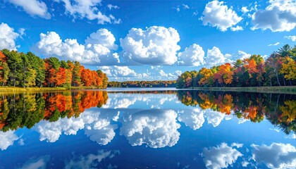 Fototapeta premium Autumnal Lake Reflection: Vibrant Fall Foliage Mirrored in Calm Water Under a Blue Sky