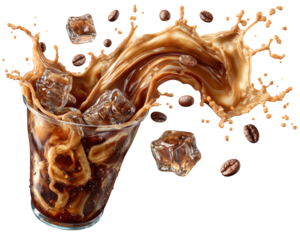 Dynamic and refreshing iced coffee splash with floating ice cube and roasted coffee bean. This isolated caffeinated drink element represents cool beverage concept