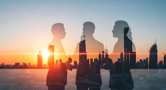 Business Handshake Silhouette with a Sunset Cityscape