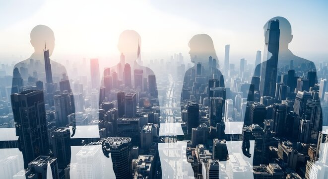Corporate Team Silhouette Overlooking a Dense City Grid