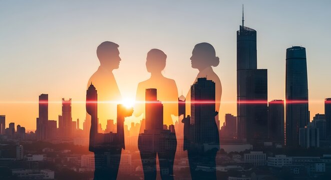Business Team Silhouettes Over a Glowing Sunset Cityscape